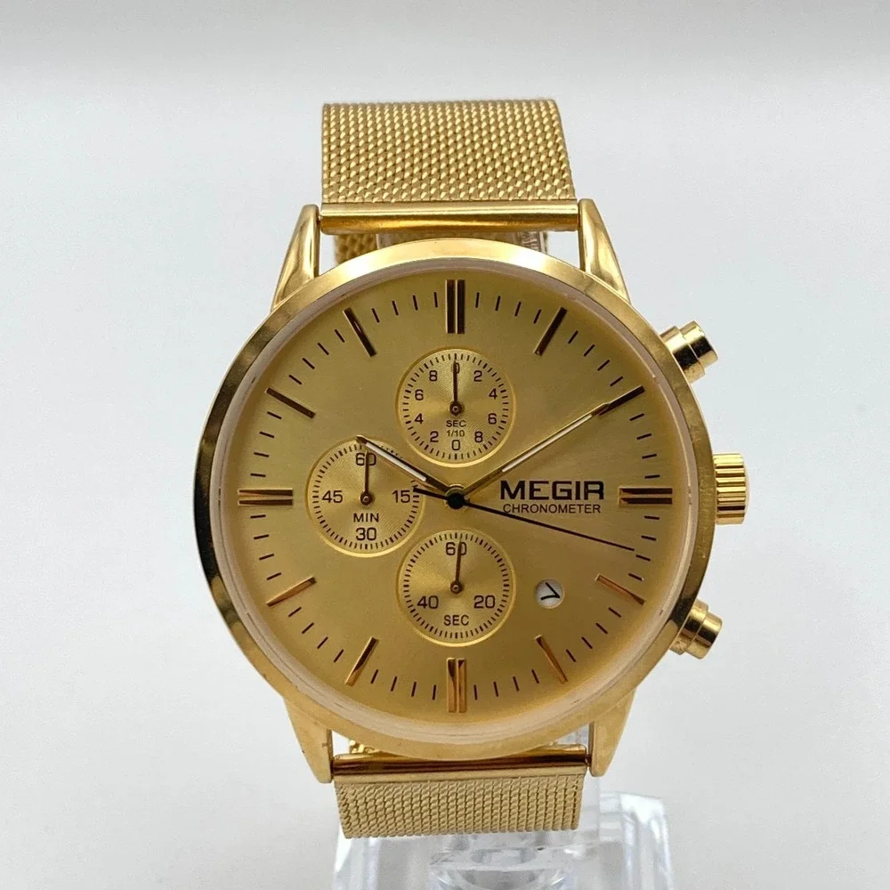 Megir Men's Chronograph Watch 43mm Gold Tone Date Mesh Band WR New Battery